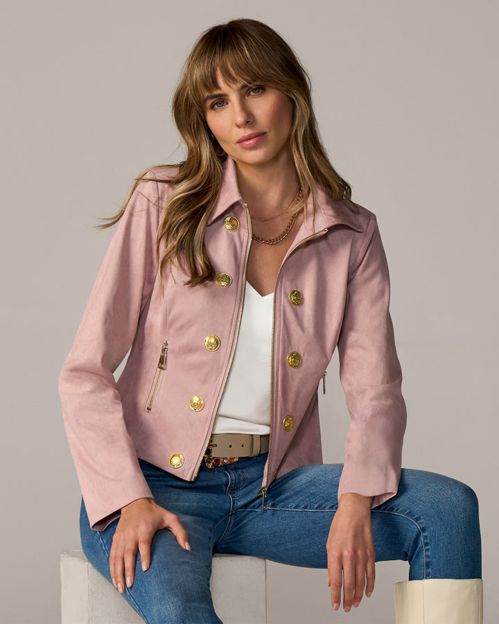 Zip Front Crest Button Faux Suede Jacket Pink