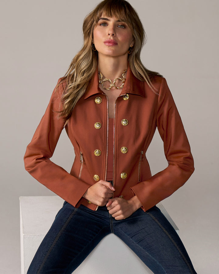 Modern Zip Front Crest Button Jacket Paprika