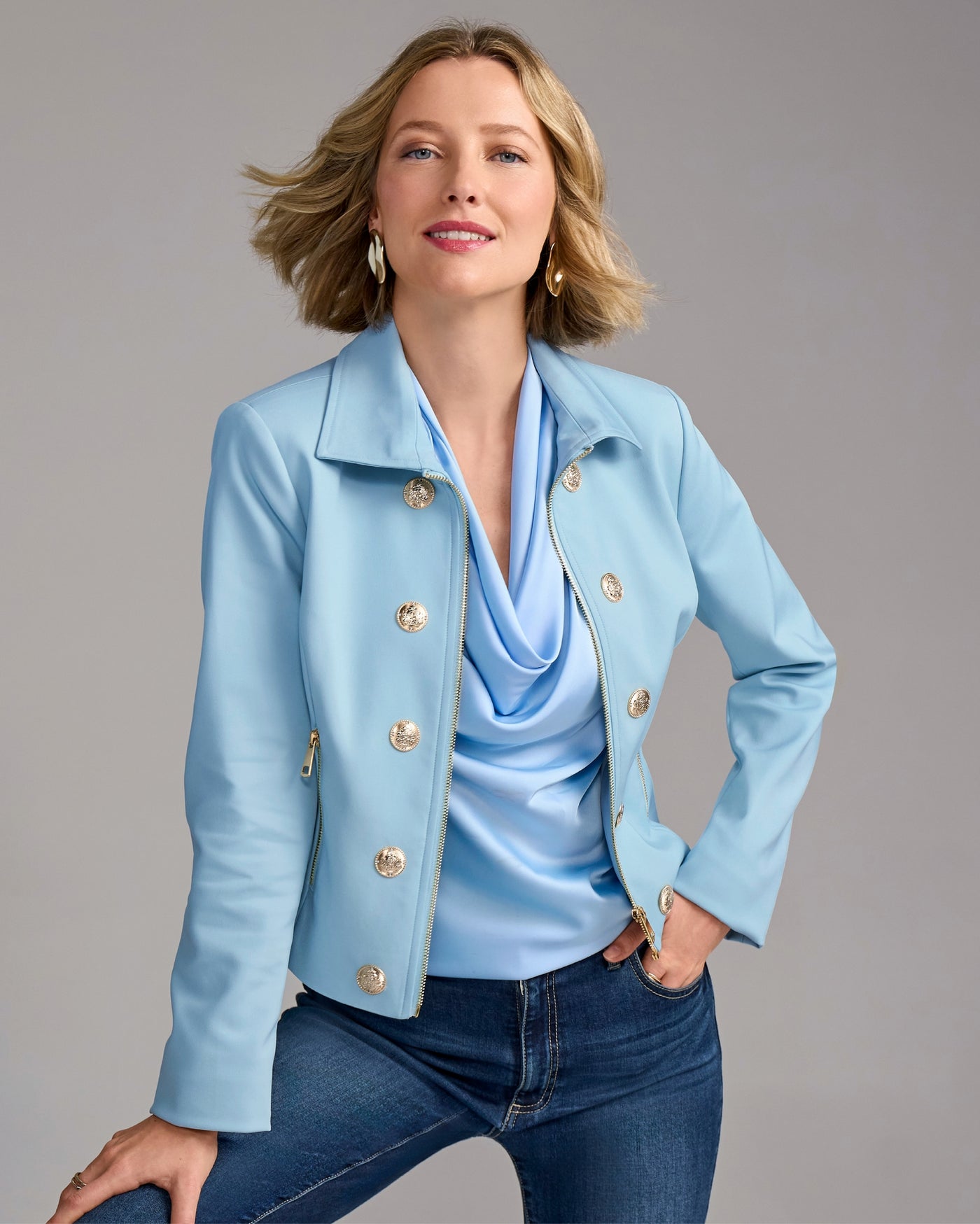 Modern Zip Front Crest Button Jacket Blue Cloud