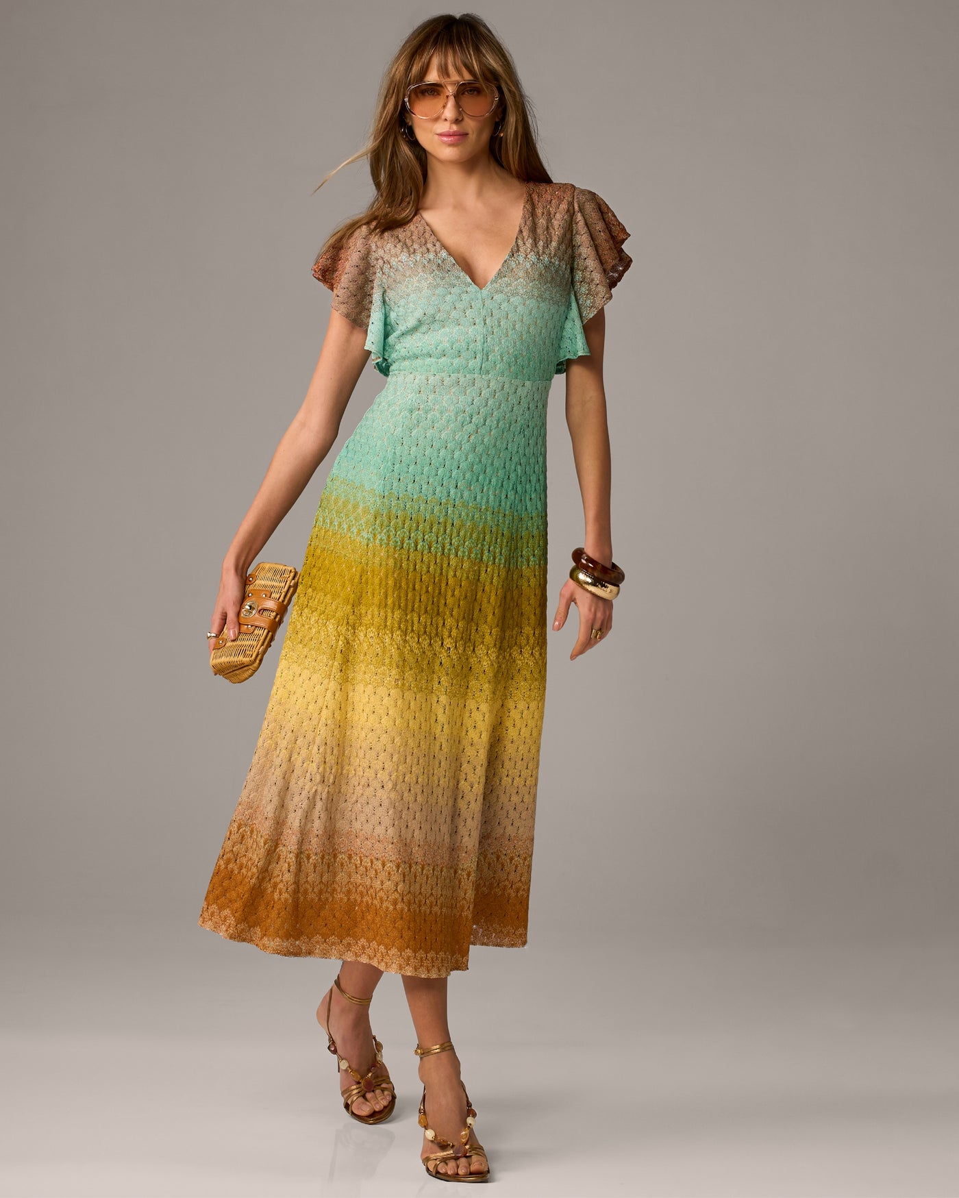 Ombre Lurex V-Neck Textured Dress Multi