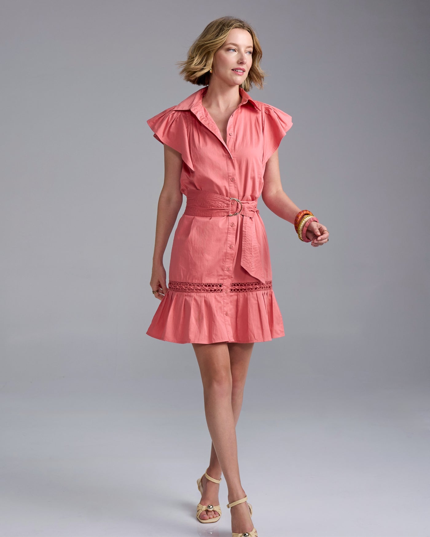 Belted Ruffle A-Line Shirt Dress Desert Rose