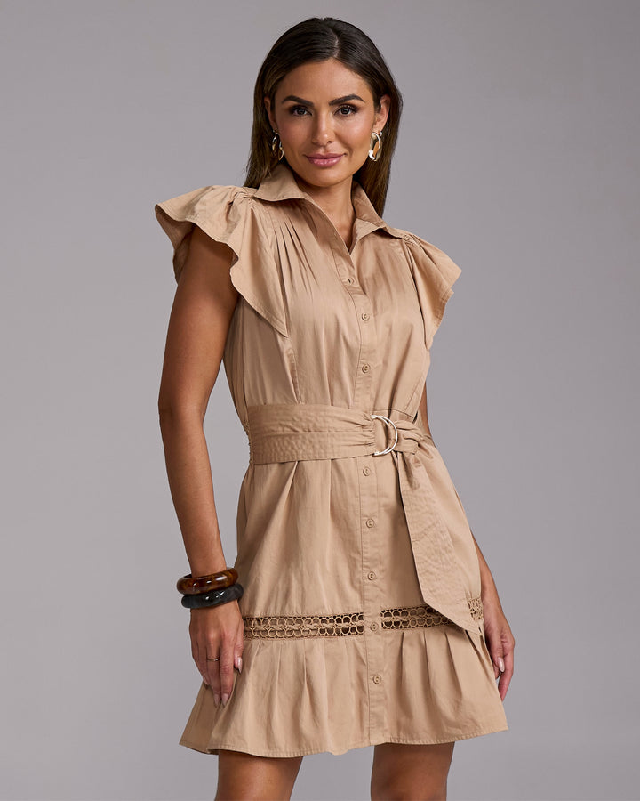 Belted Ruffle A-Line Shirt Dress Cappuccino