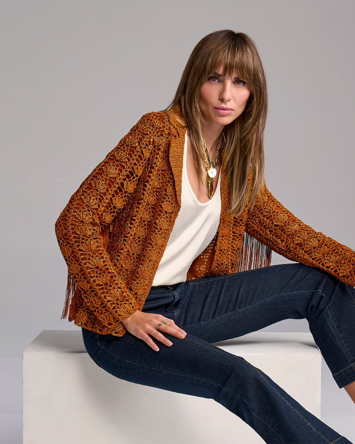 Crochet Fringe Collared Sweater Jacket Toffee