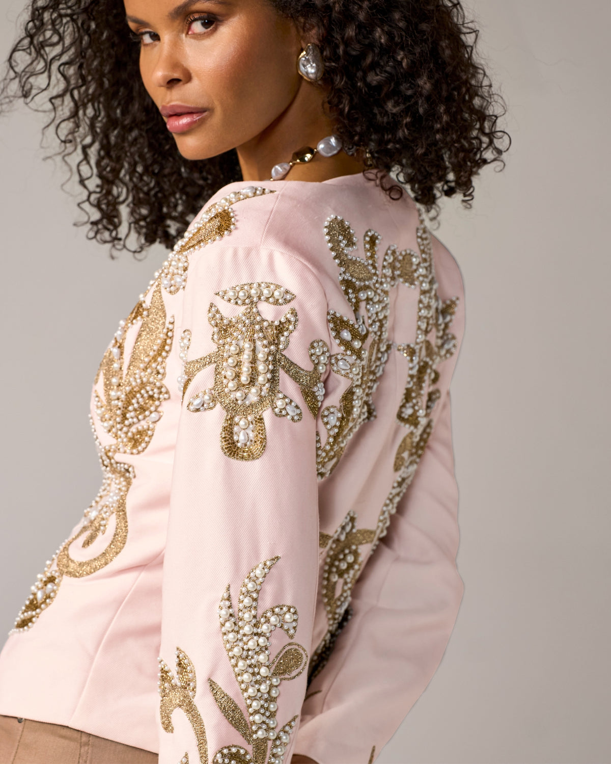 Gold & Pearl Embellished Jacket Pale Blush