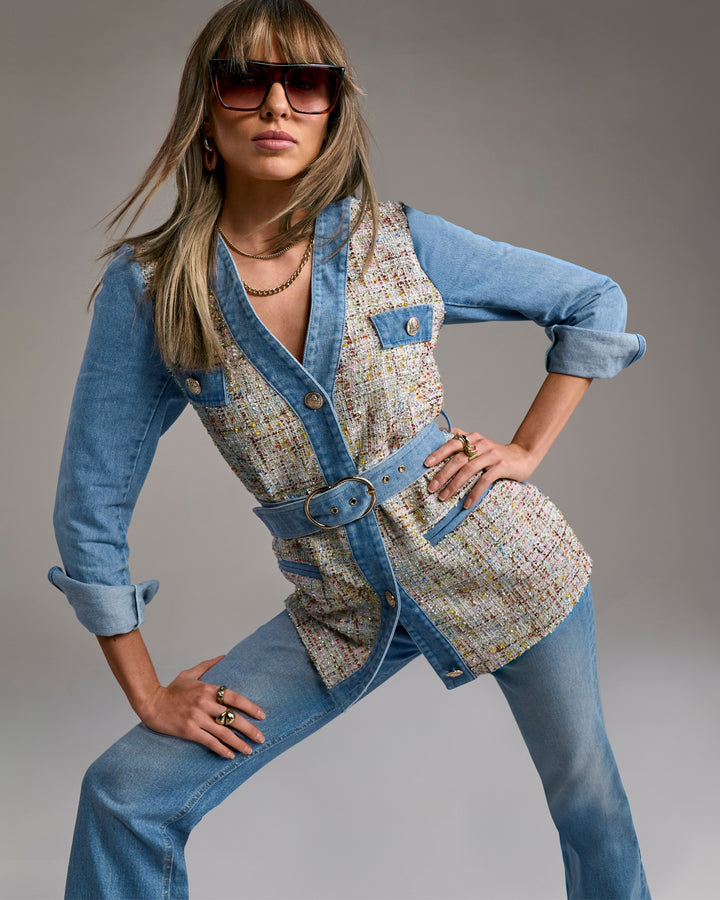 Denim & Tweed Tie Waist Utility Jacket Ultra Light Wash