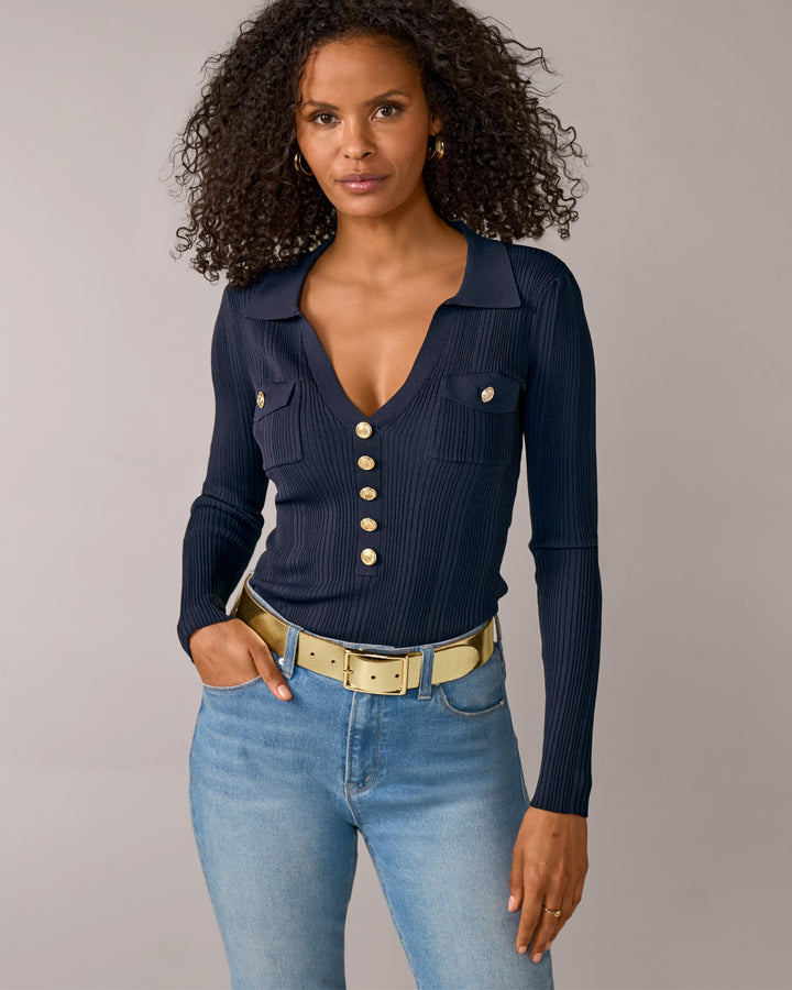 Crested Button Collared Rib Sweater Top Navy