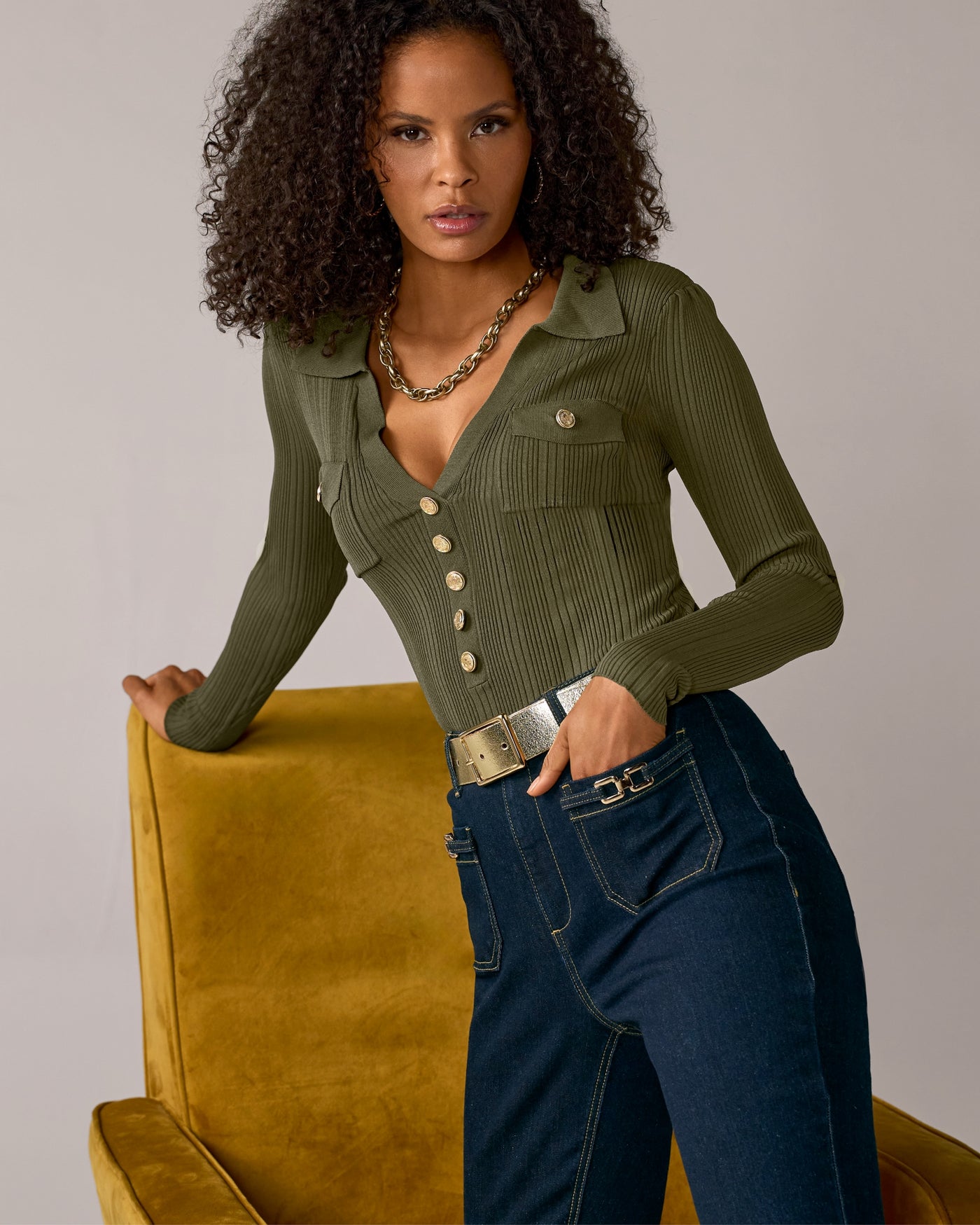 Crested Button Collared Rib Sweater Top Olive
