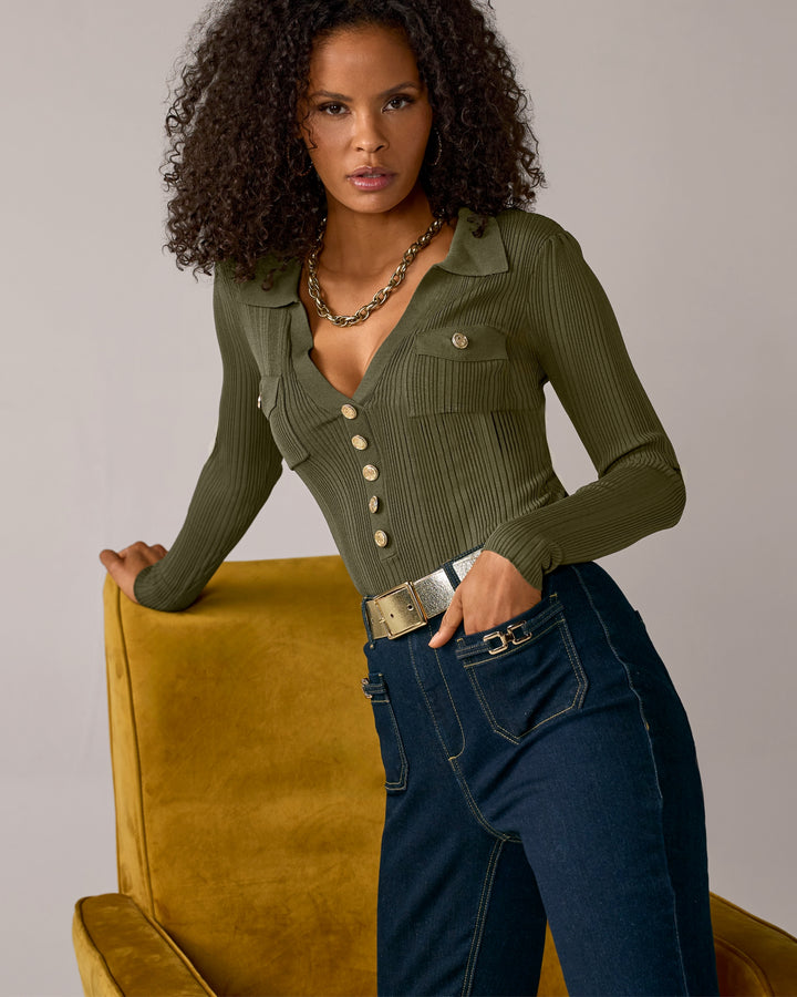 Crested Button Collared Rib Sweater Top Olive