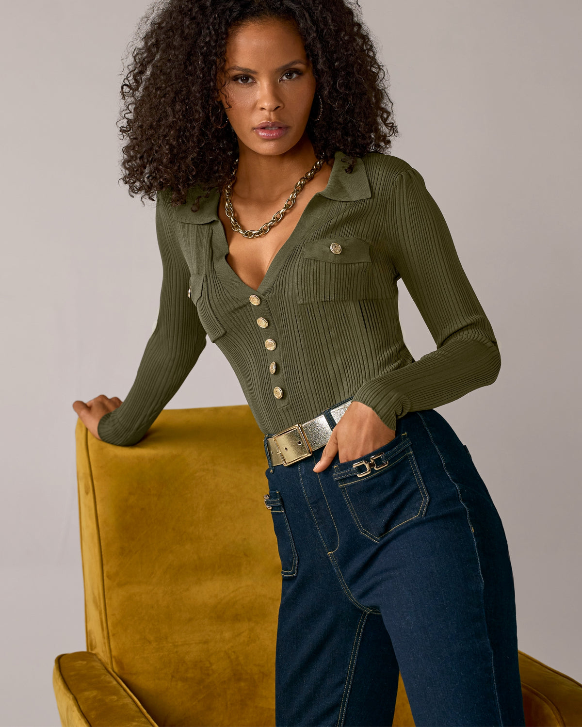 Crested Button Collared Rib Sweater Top Olive