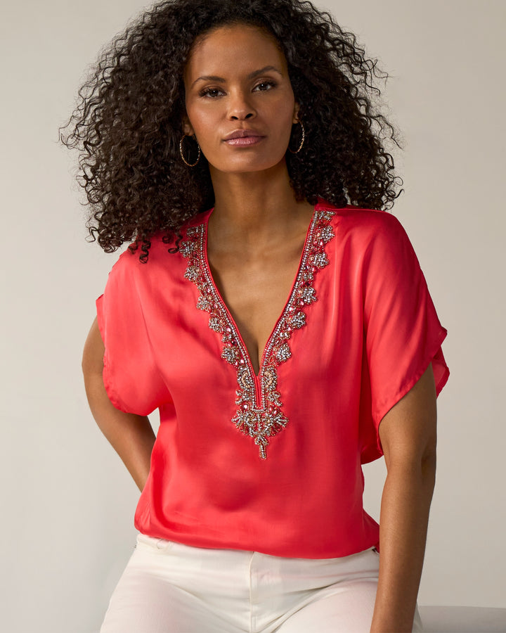 Charmeuse Embellished Short Sleeve Top Hibiscus