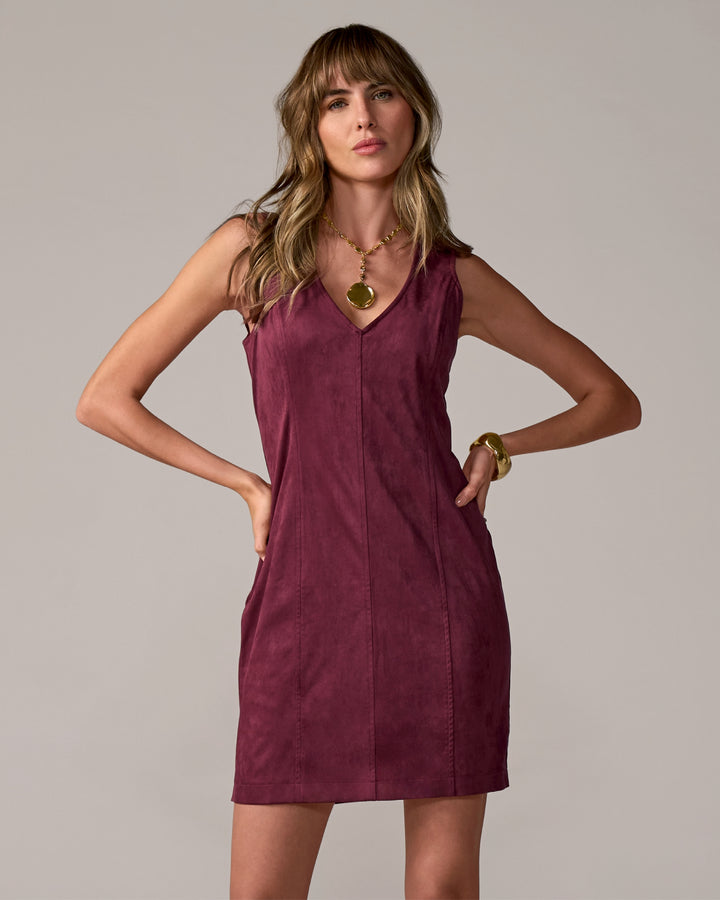 Faux Suede V-Neck Sleeveless Sheath Dress Wine