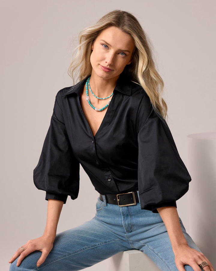 Poplin Puff Sleeve Button Up Shirt Black