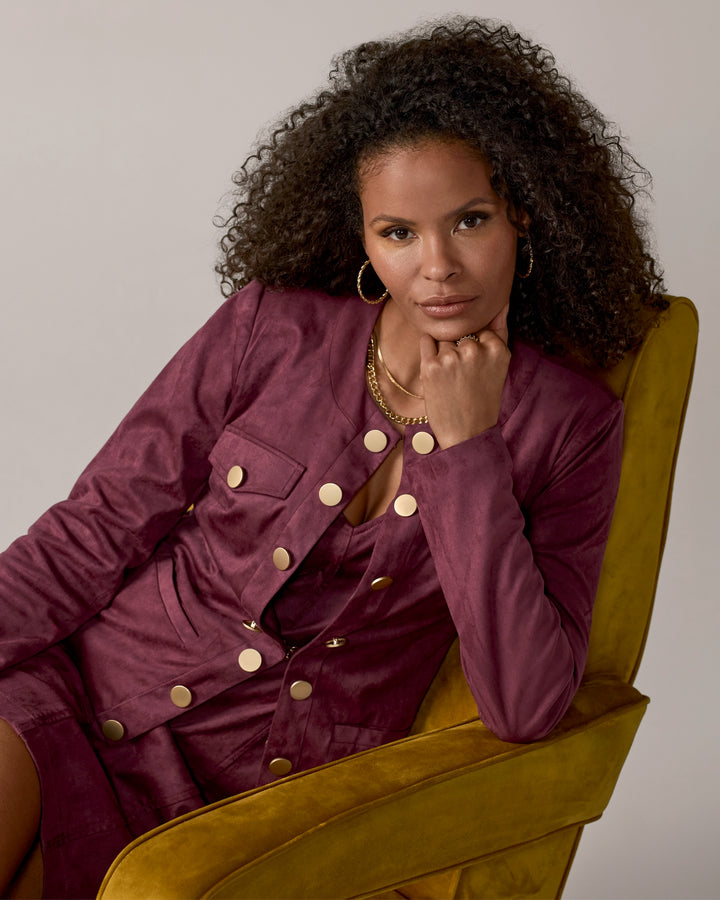 Button Detail Faux Suede Jacket Wine