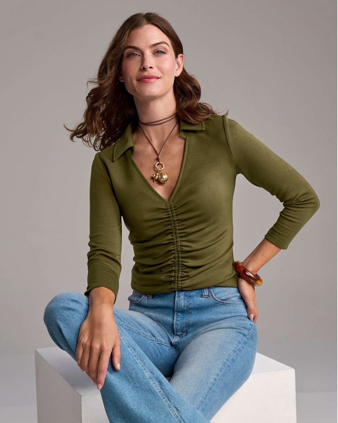 Ruched Polo Knit Top Olive Night