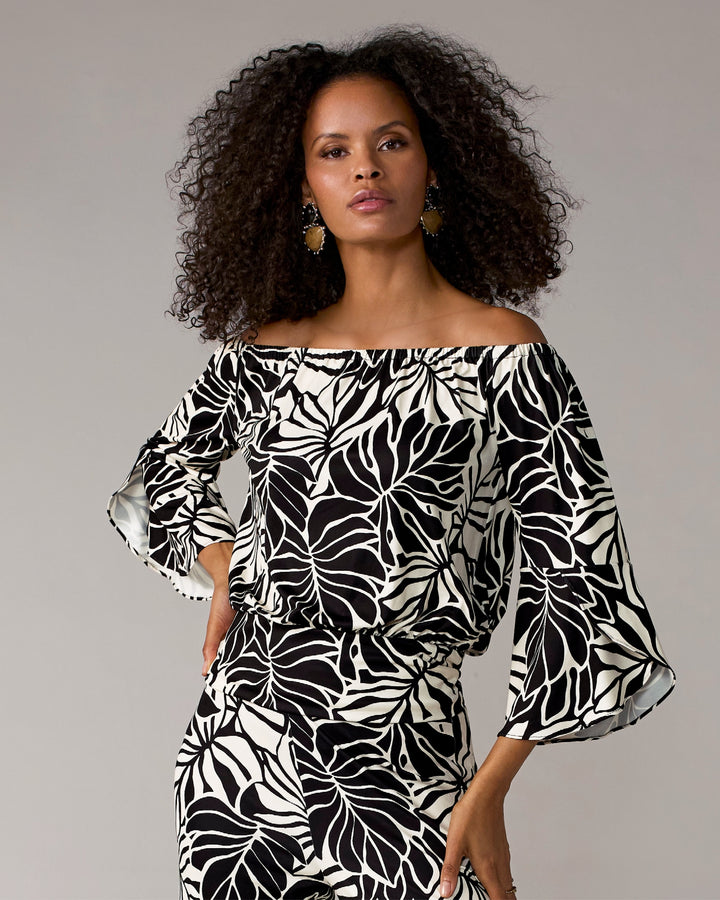 Printed Off the Shoulder Ruffled Sleeve Blouson Contrast Leaves