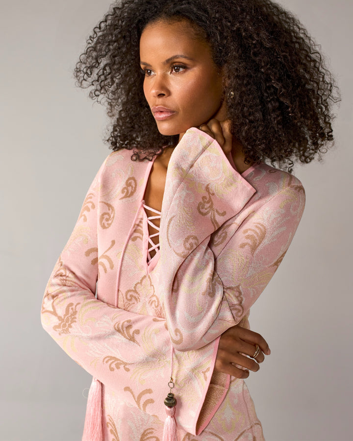 Printed Lace Up Front Sweater Tunic Wanderlust Scroll