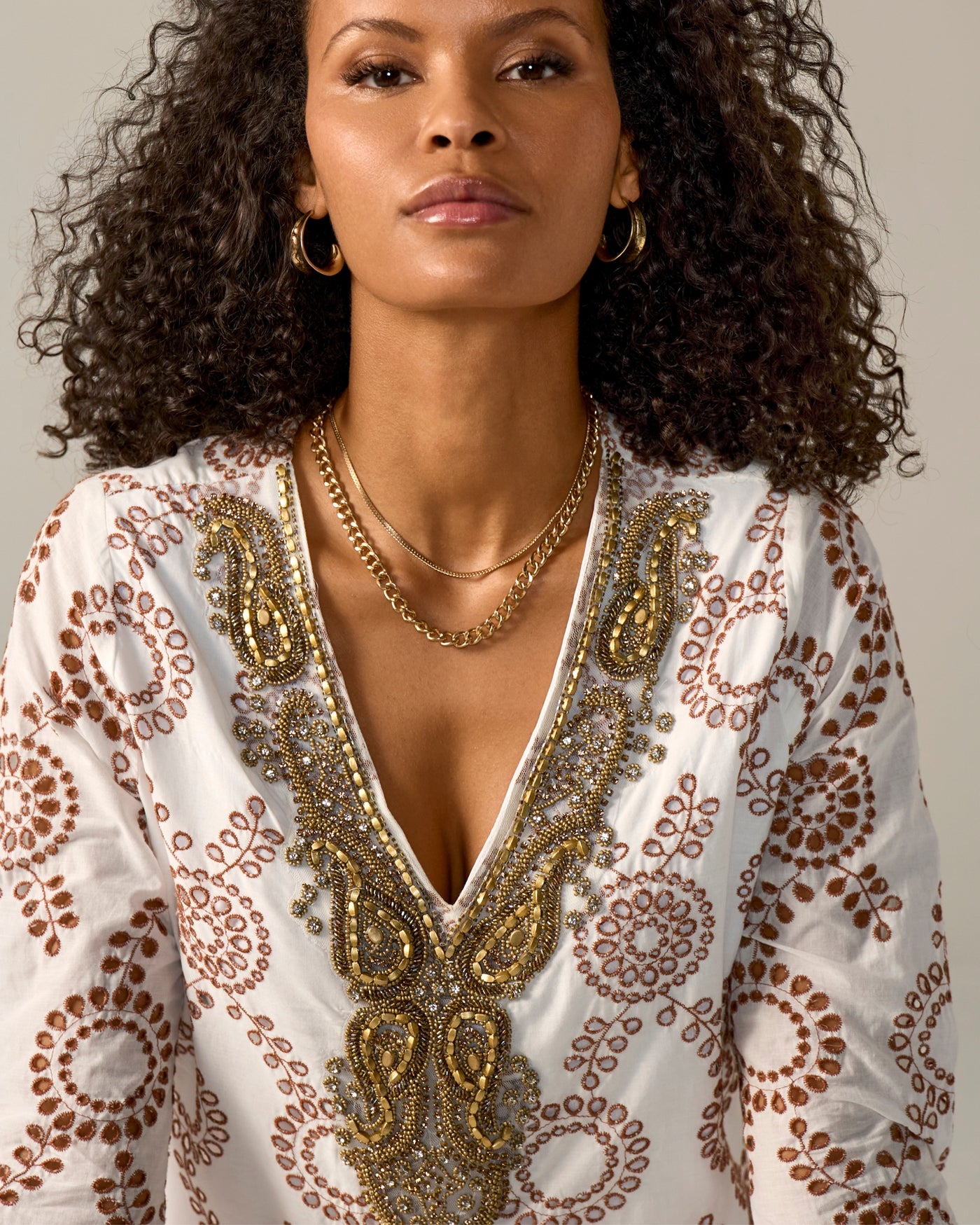 Embellished Scallop Eyelet Tunic Brown Multi