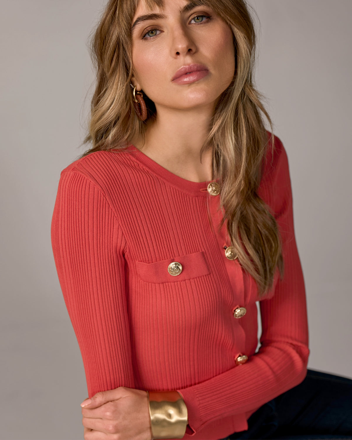 Crested Button Sweater Cardigan Chili