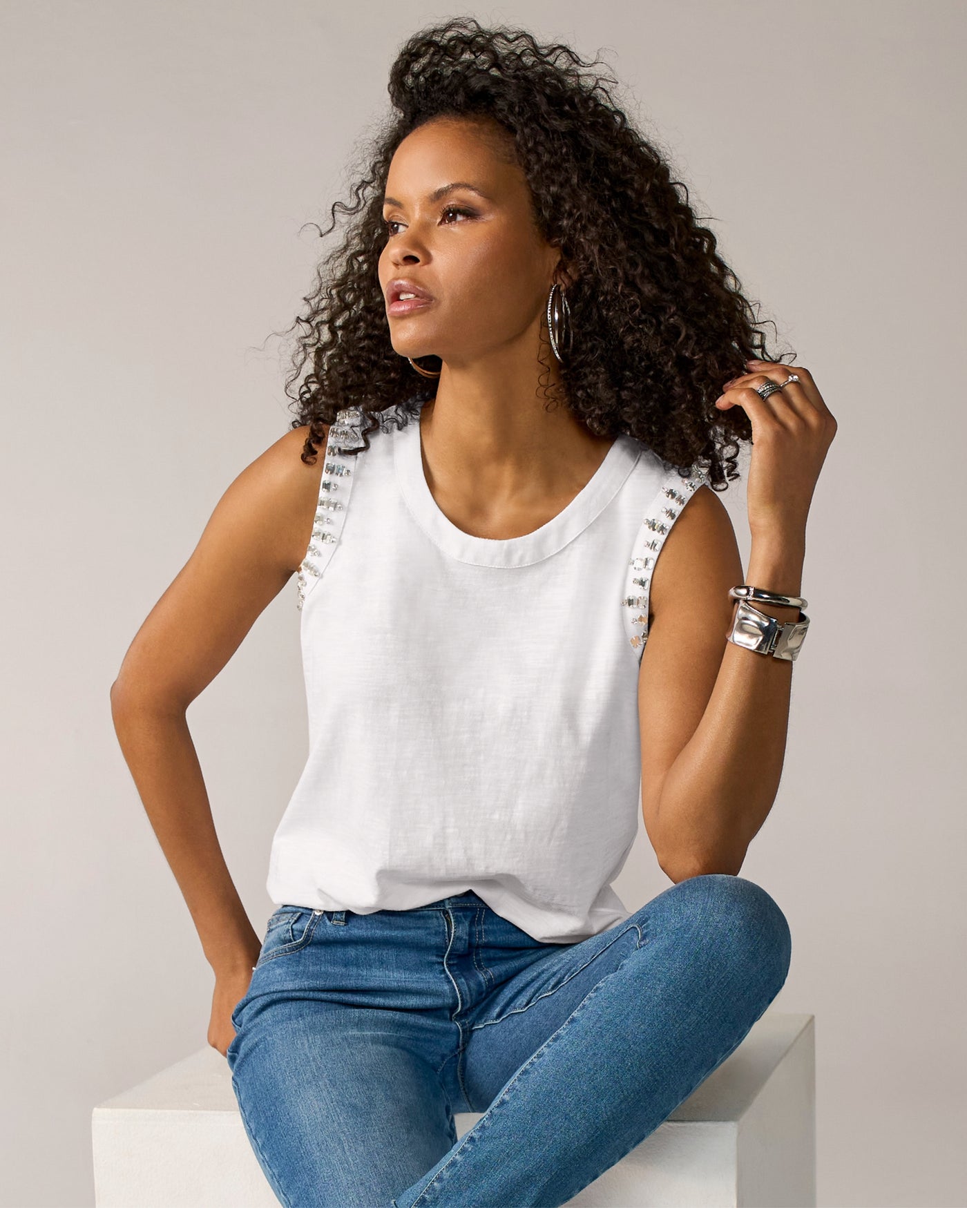 Slub Embellished Tank White