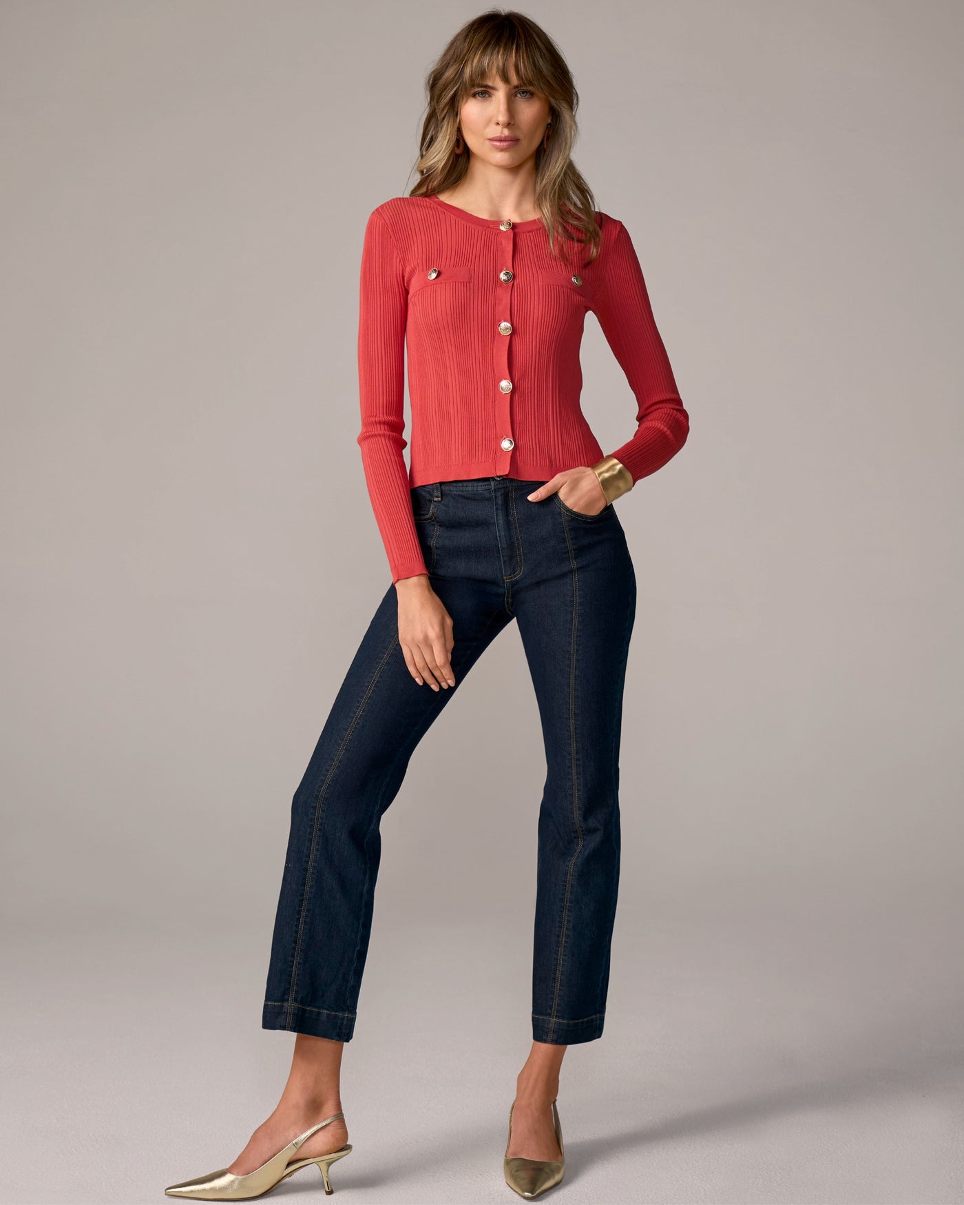 Contrast Stitch Kick Flare Ankle Jean Dark Wash Denim