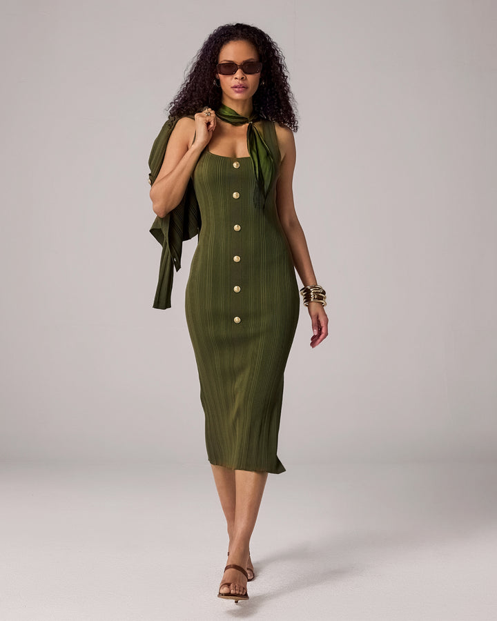 Crested Button Sweater Dress Olive Night