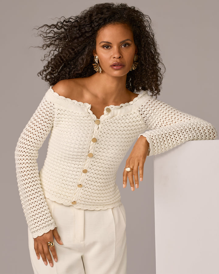 Off The Shoulder Button Front Crochet Sweater Off White