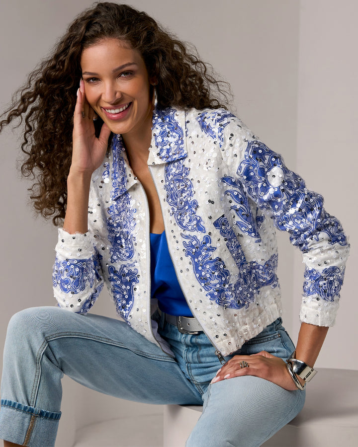 Embroidered Sequin Bomber Blue/White