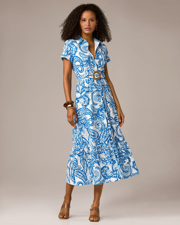 Belted Print Midi Shirt Dress Patriotic Paisley Wave