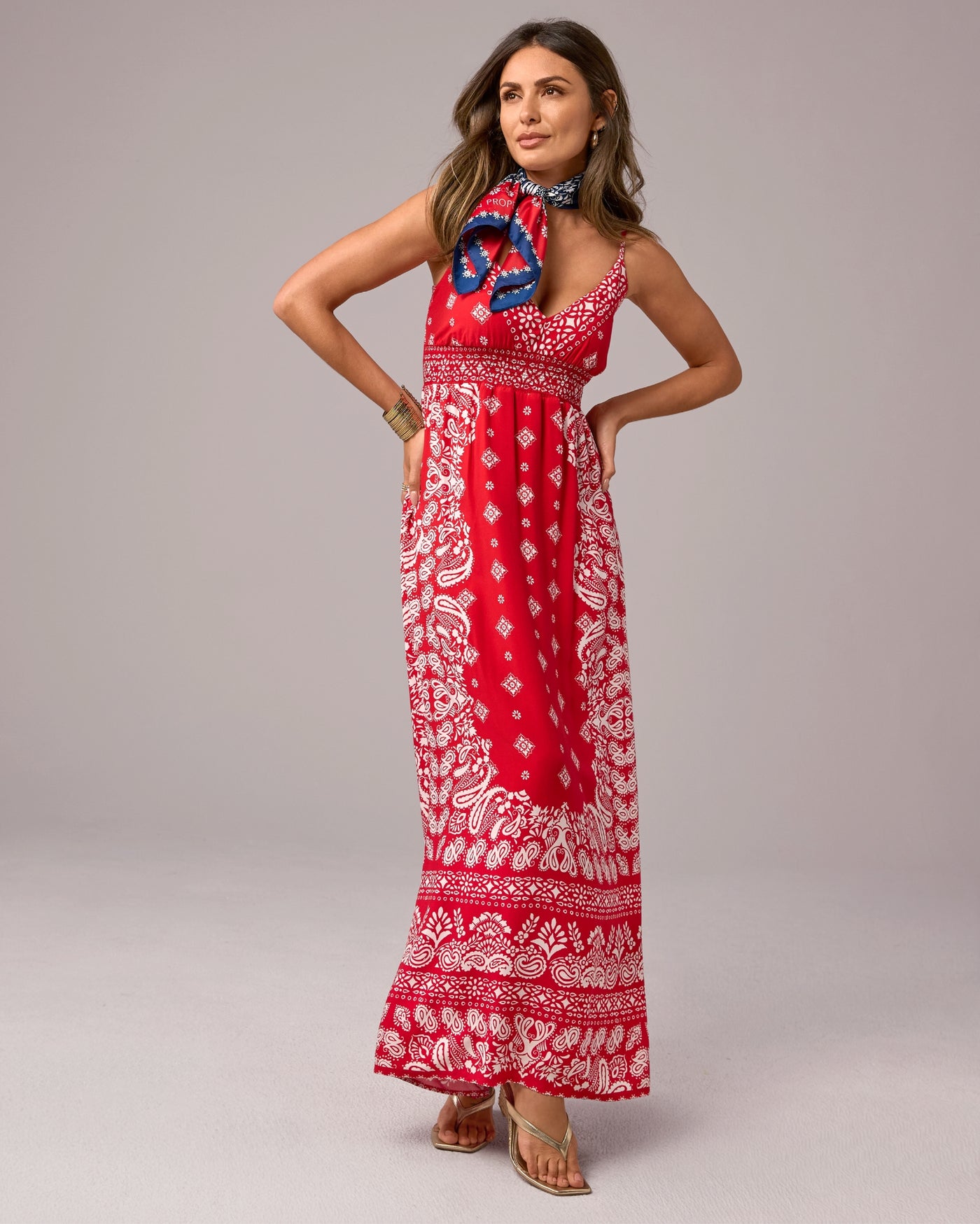 Print Maxi Dress with Empire Waistband Traditional Bandana