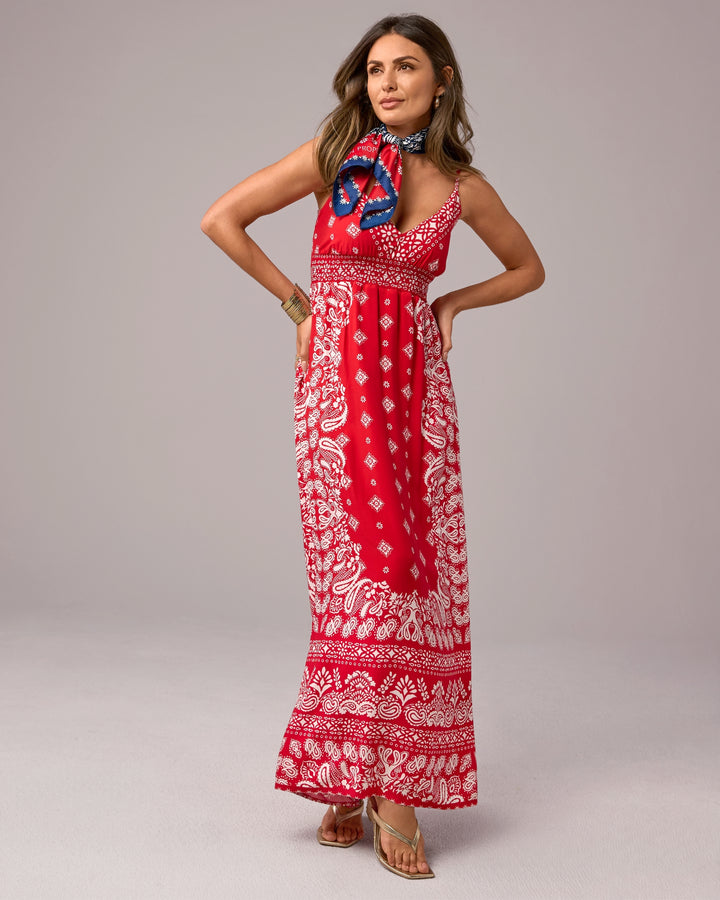 Print Maxi Dress with Empire Waistband Traditional Bandana