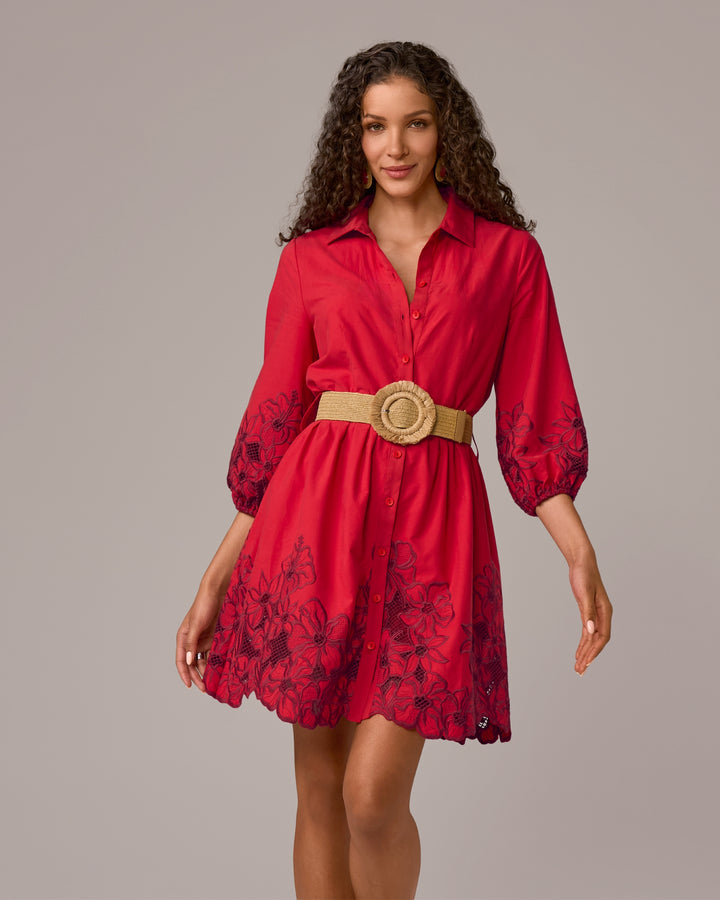 Floral Eyelet Detail Shirt Dress Tomato Red