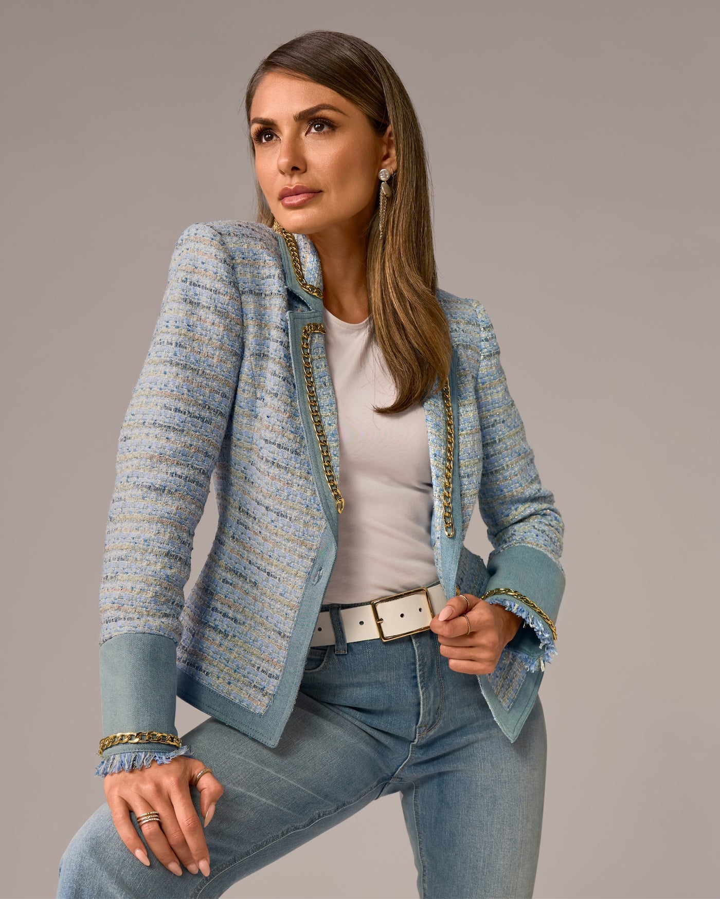 Denim Trim Tweed Blazer Blue Multi