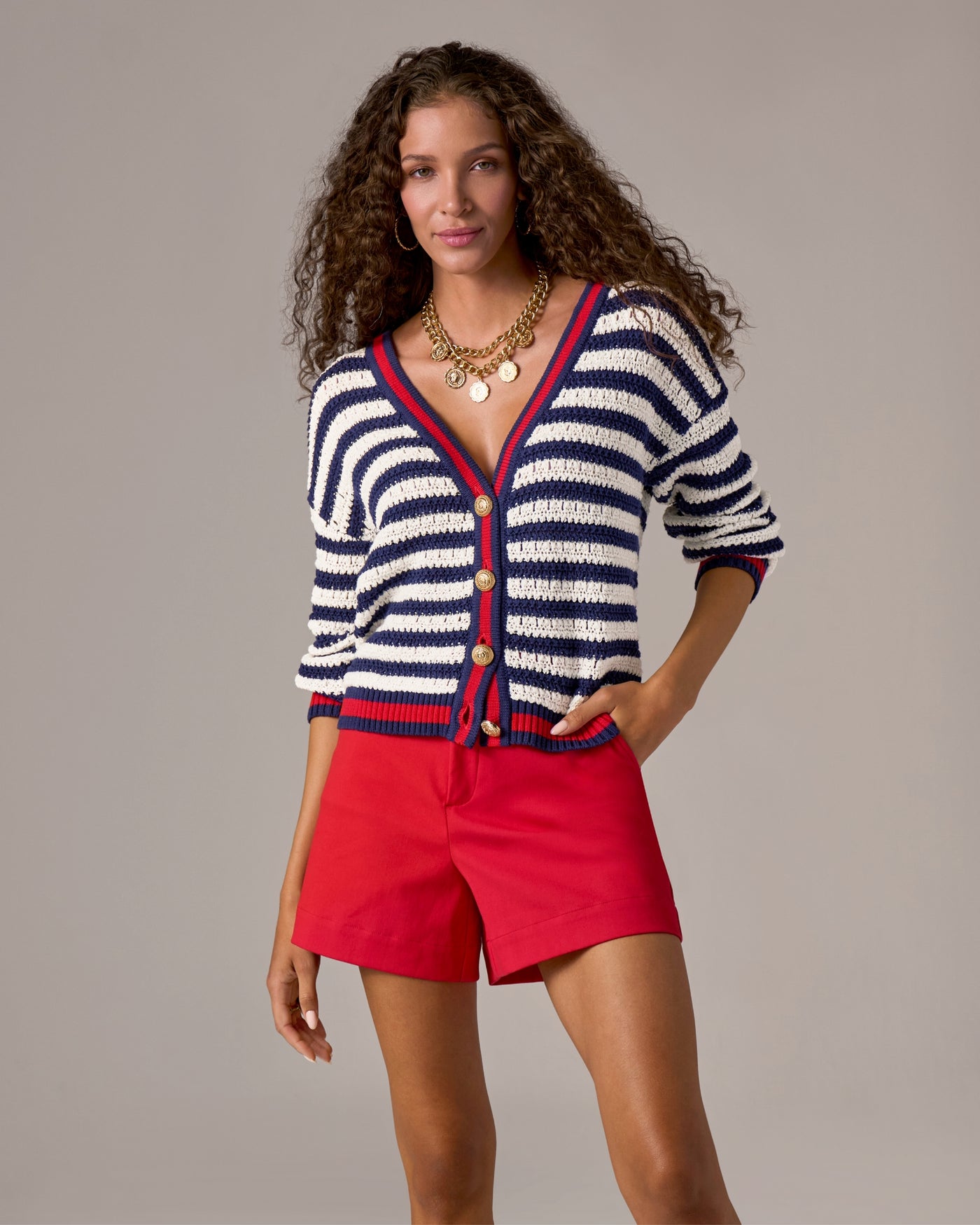 Contrast Trim Stripe Cardigan Navy/White