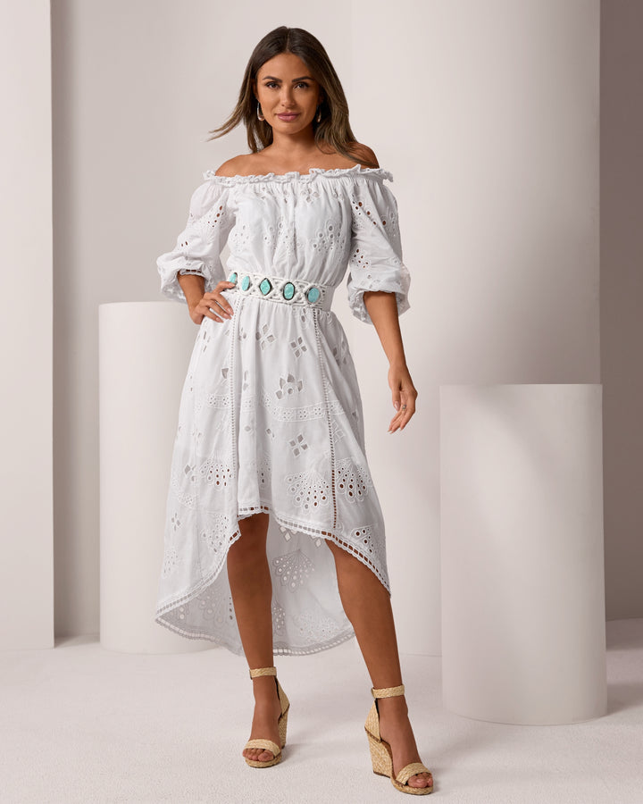 Off The Shoulder Eyelet High Low Dress Pure White