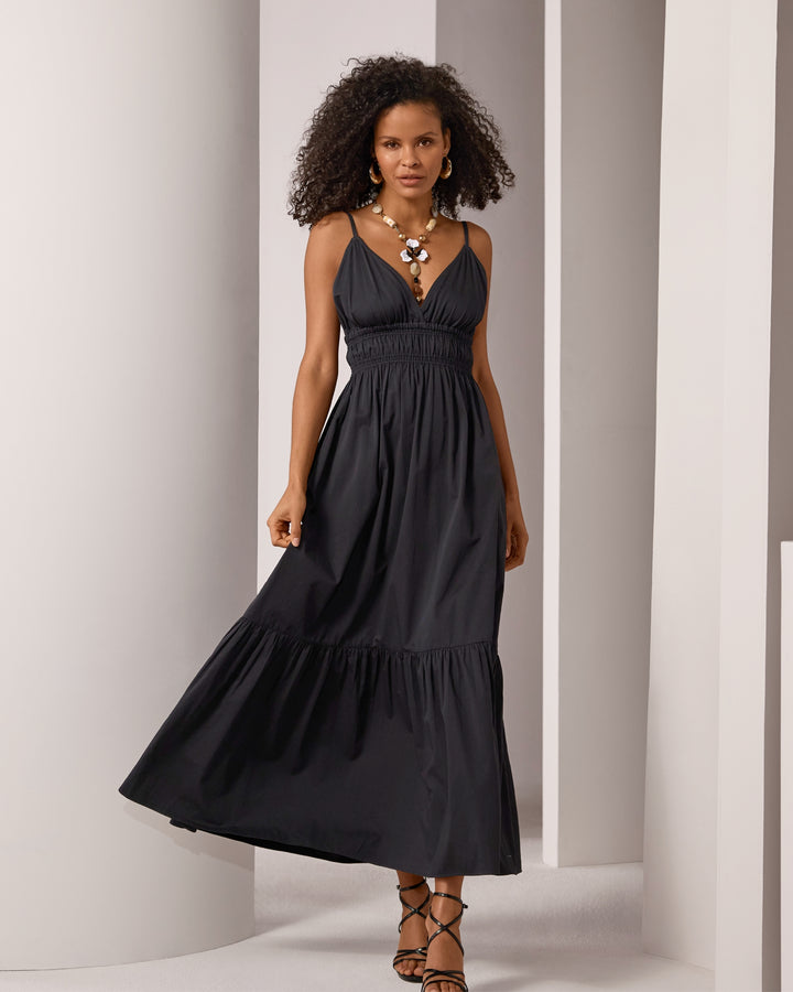 A Line Smocked Bodice Maxi Dress Black