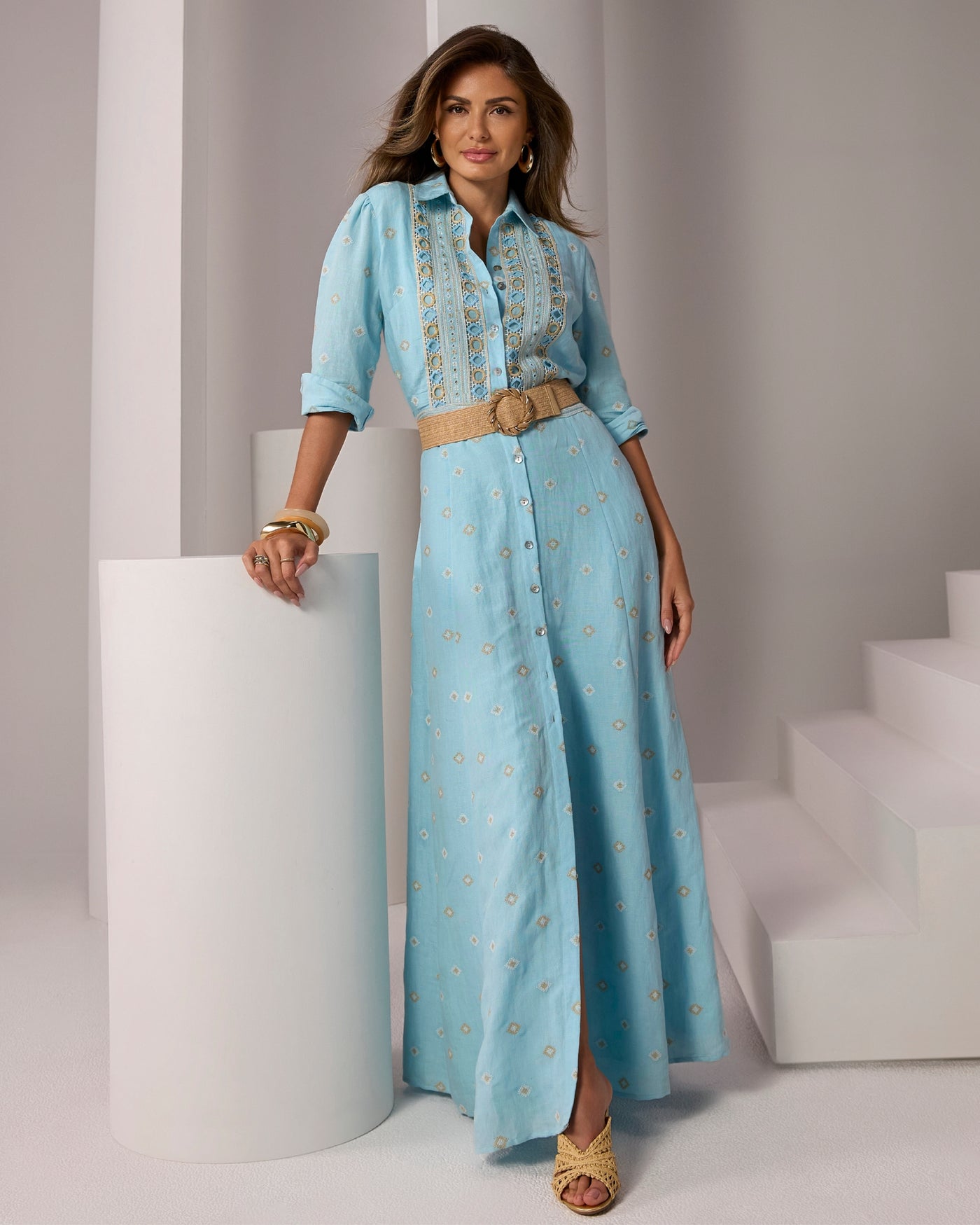 Button Up Maxi Dress with Embroidery Blue Topaz