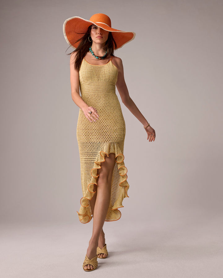 Asymmetrical Ruffle Crochet Maxi Dress Gold