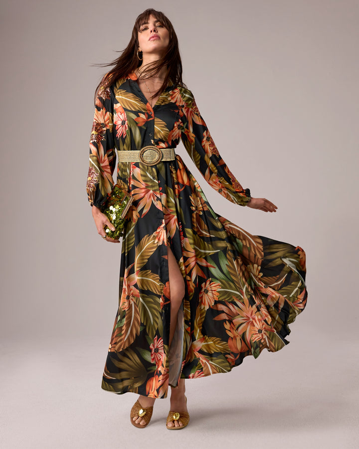 Printed Button Down Maxi with Embellishment Exotic Paradise