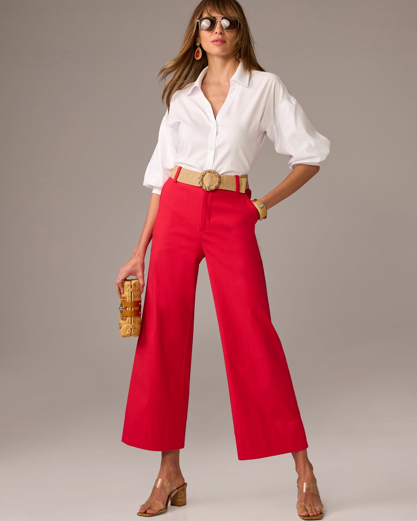 Ankle Length Wide Leg Twill Pant Tomato Red