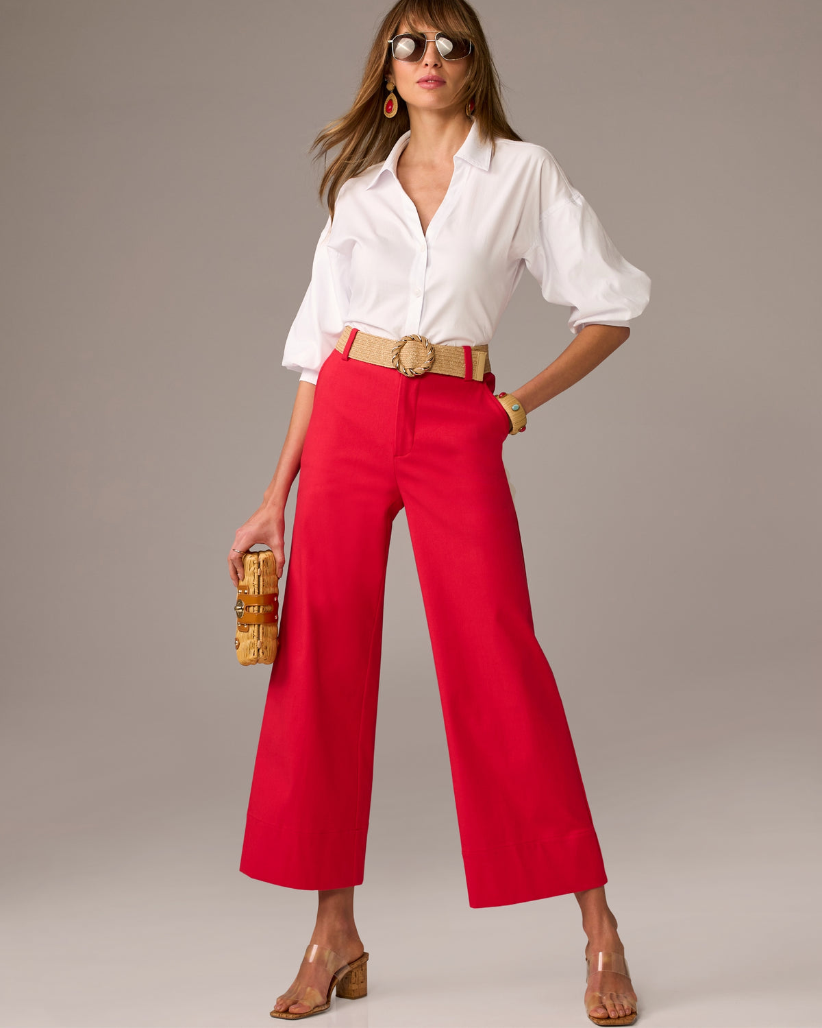 Ankle Length Wide Leg Twill Pant Tomato Red