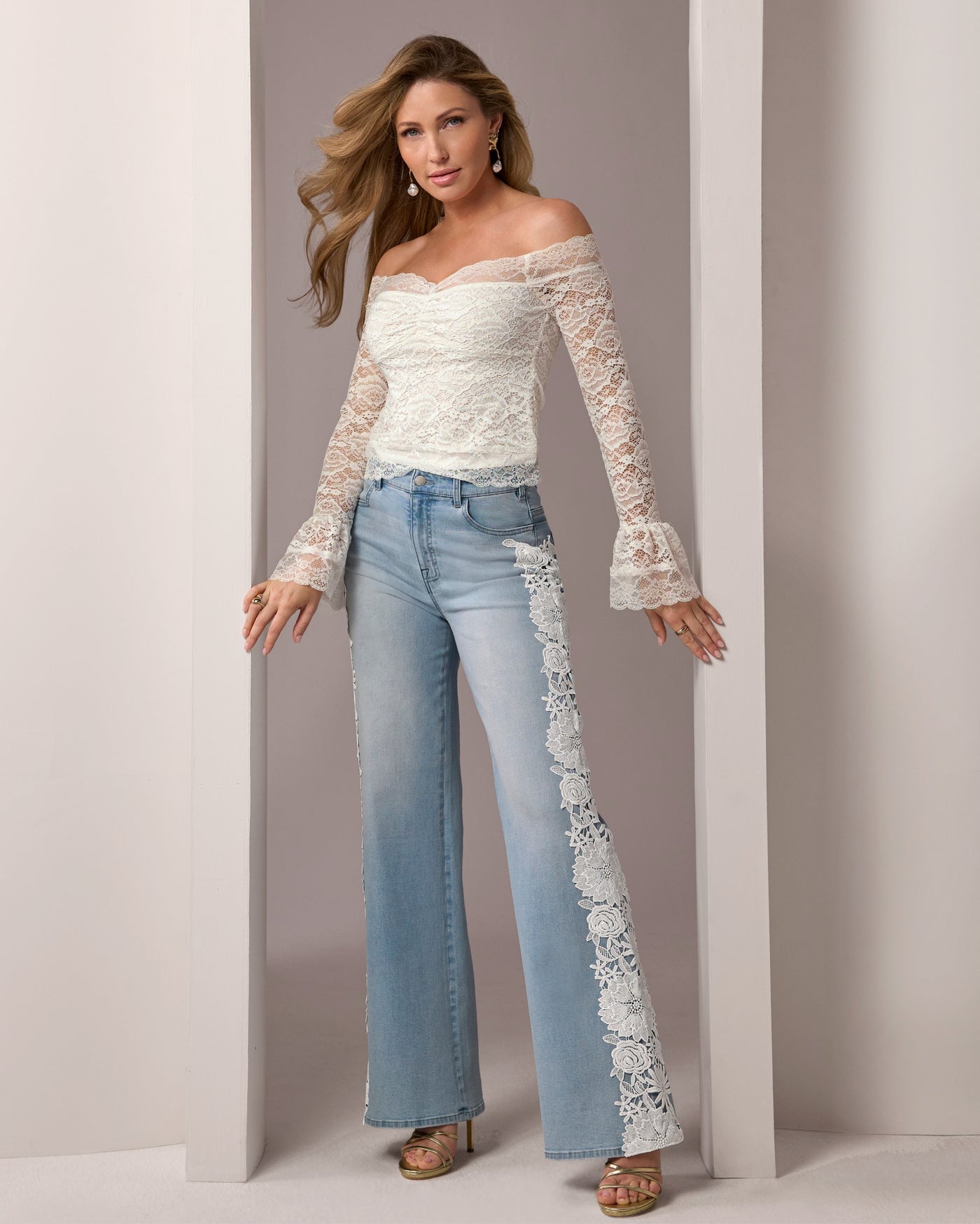 Lace Detail Wide Leg Jean Light Med Wash