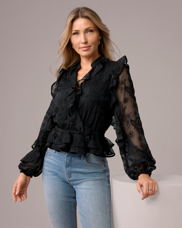 Novelty Embroidered Ruffle Blouse Black