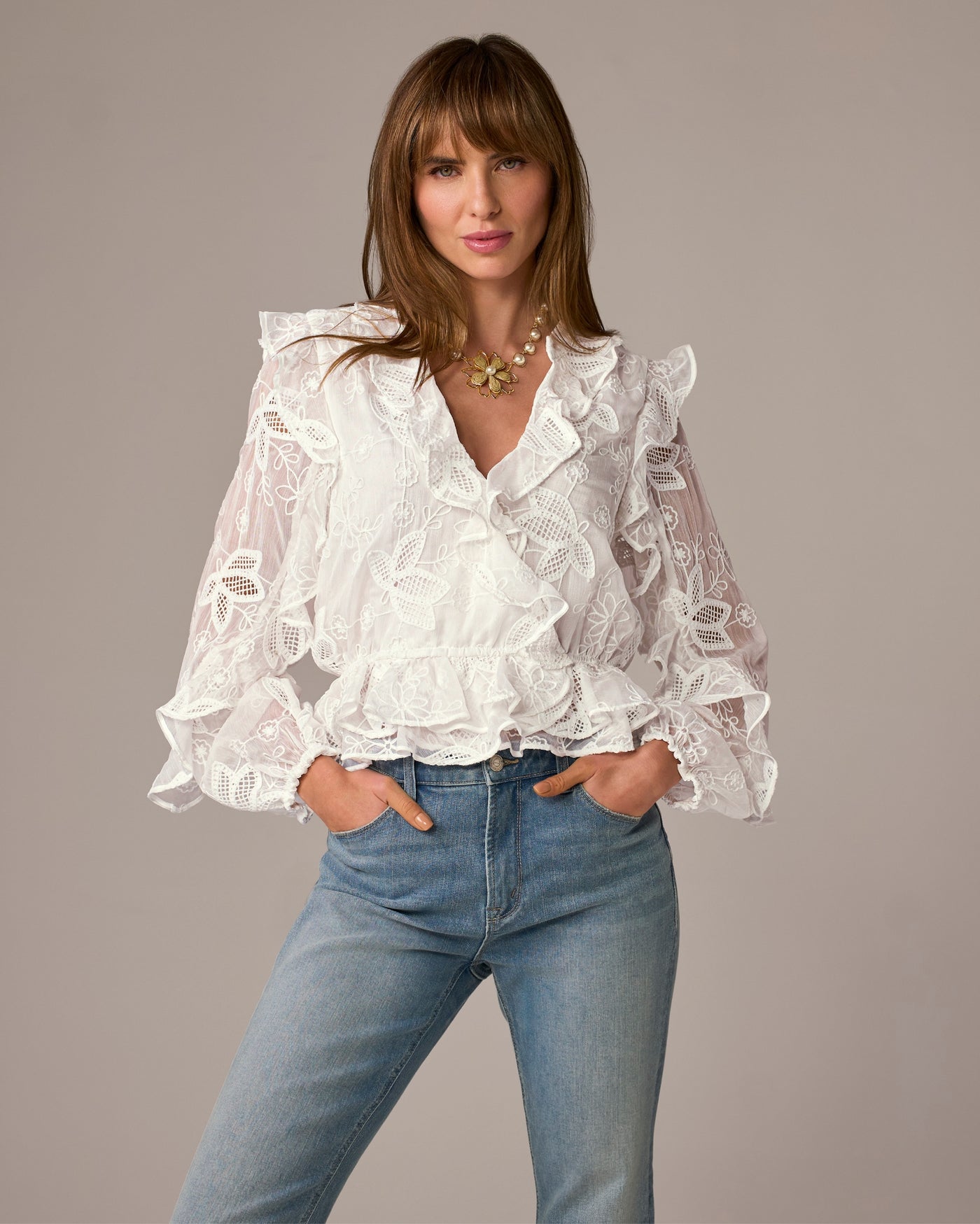 Novelty Embroidered Ruffle Blouse Pure White