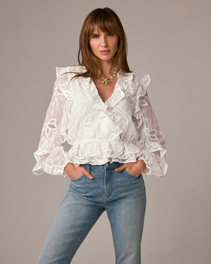 Novelty Embroidered Ruffle Blouse Pure White