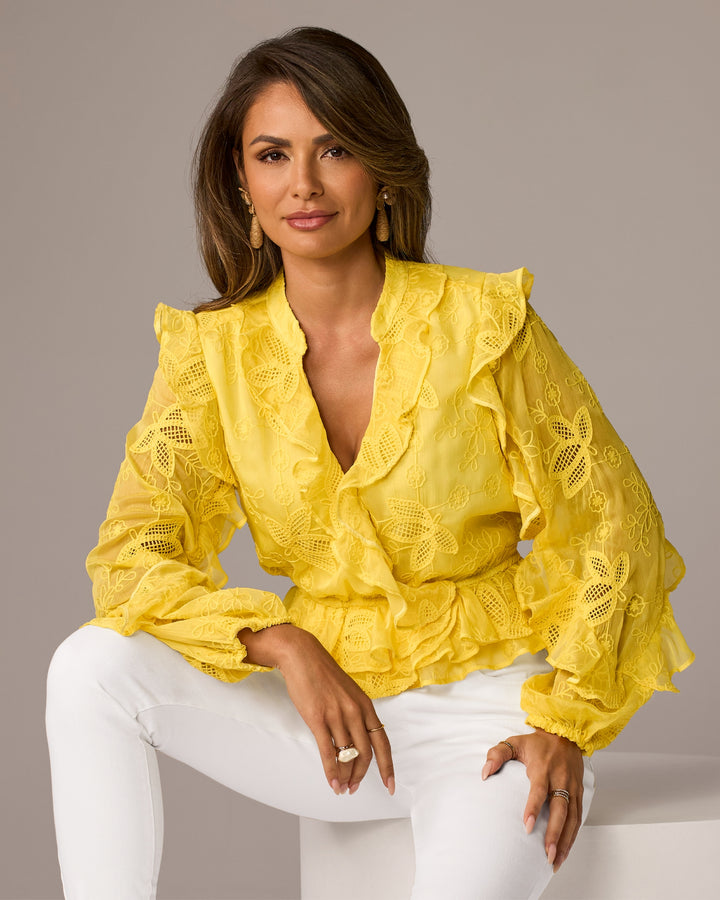 Novelty Embroidered Ruffle Blouse Lemon Drop