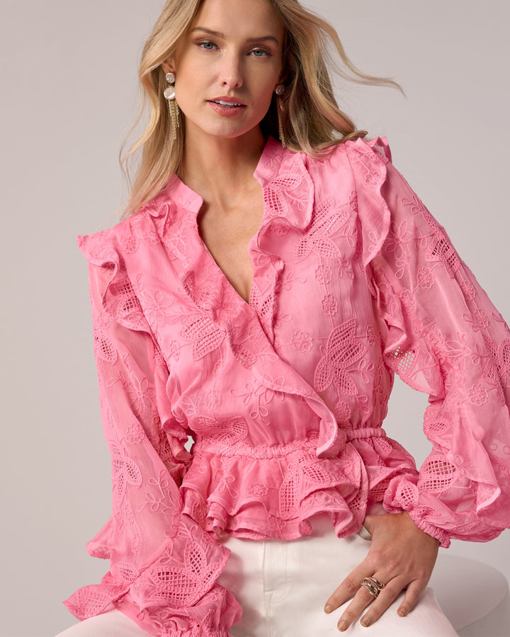 Novelty Embroidered Ruffle Blouse Pink Carnation