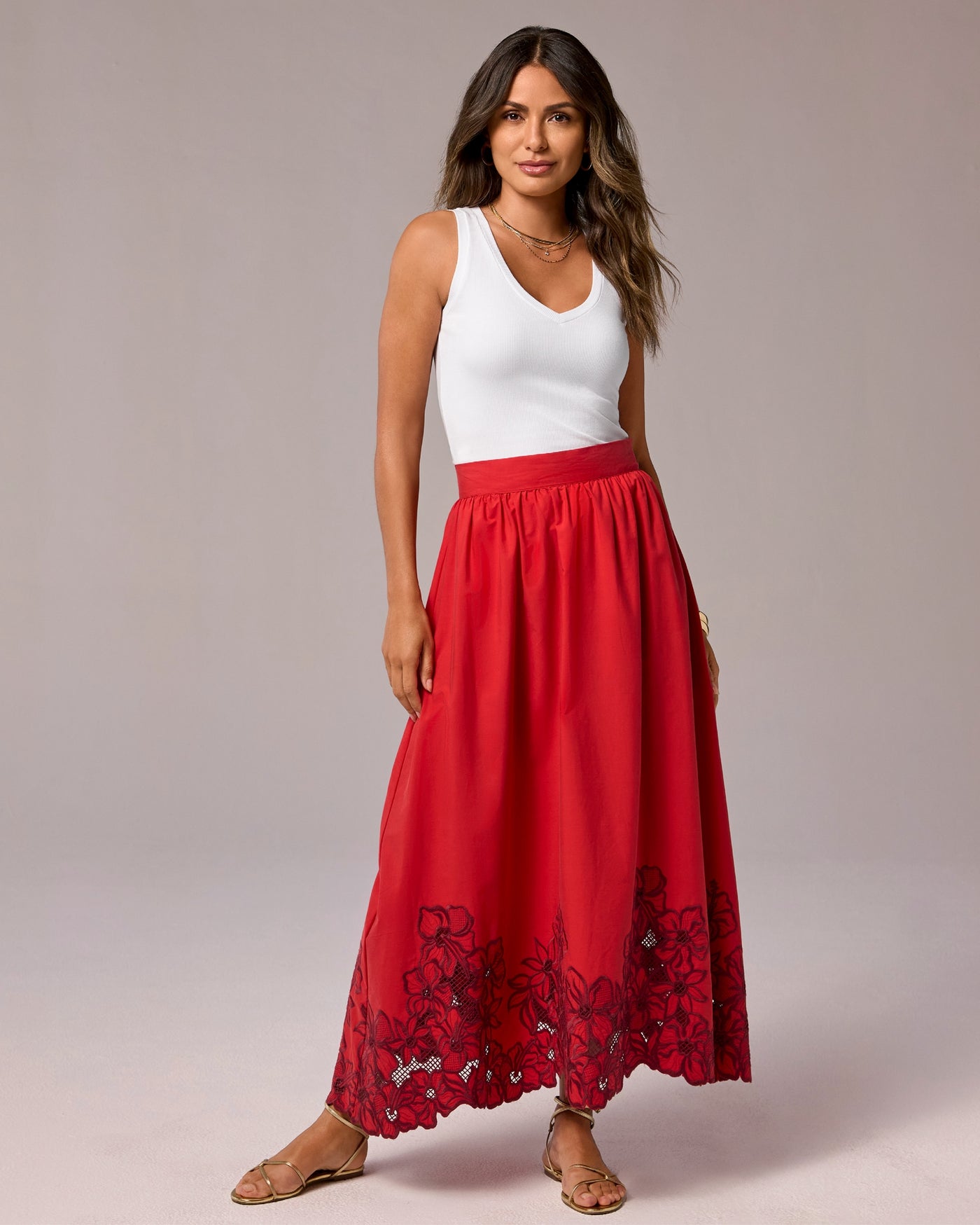 Eyelet Cutout Embroidered Midi Skirt Tomato Red