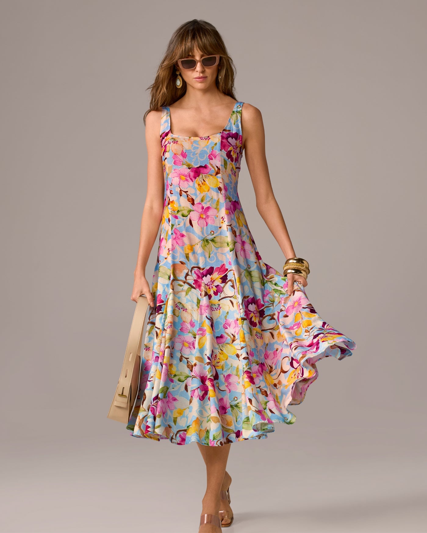 Printed Square Neck Midi Dress Floral Swirls