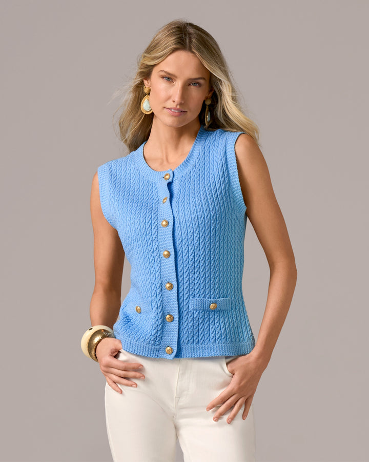 Sleeveless Textured Knit Button Front Sweater Blue Bell