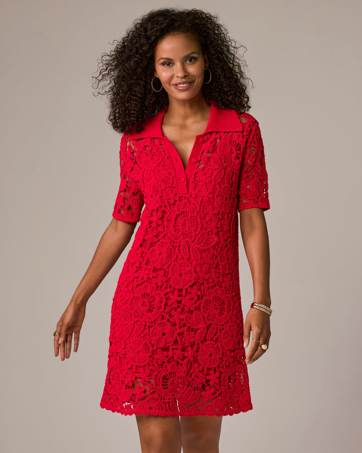 Collared Crochet Shirt Dress Tomato Red